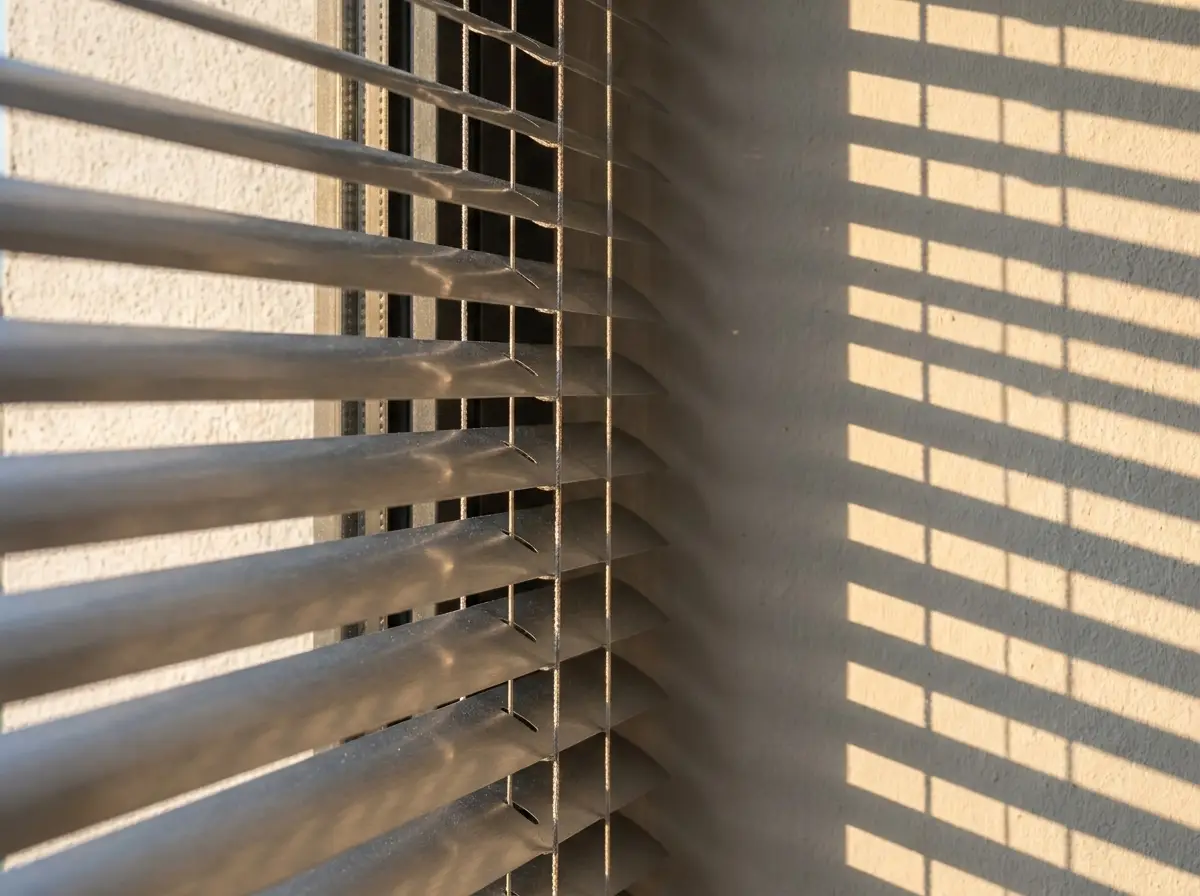 Close-up of aluminium venetian blind slats tilted against low afternoon sun, banded shadows across a pale plaster wall