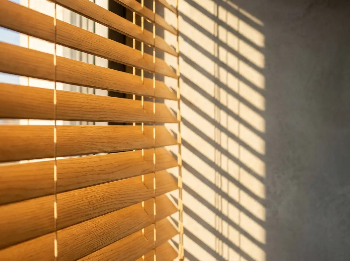 Close-up of timber venetian slats tilted against low sun, throwing banded shadows onto the wall behind