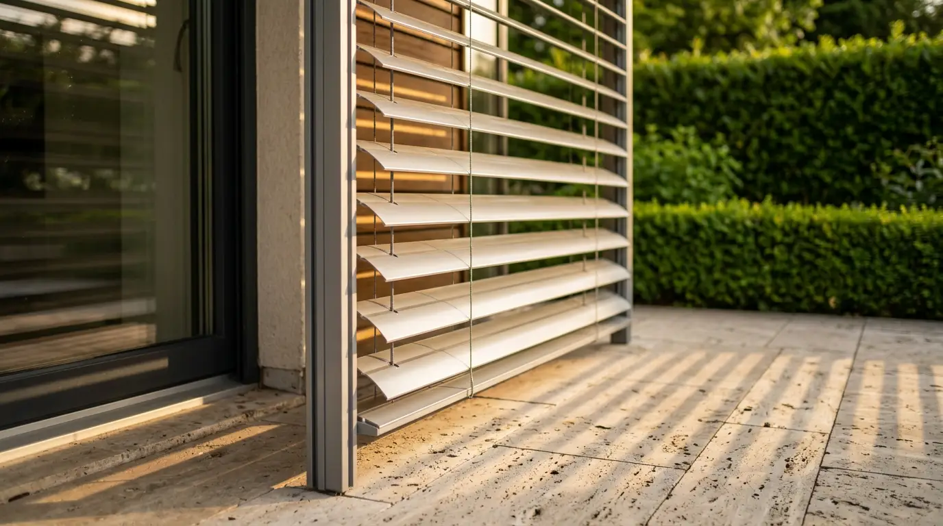 Close-up of wide aluminium external venetian blind slats running in vertical guide rails, tilted to cast striped shadow patterns onto travertine paving