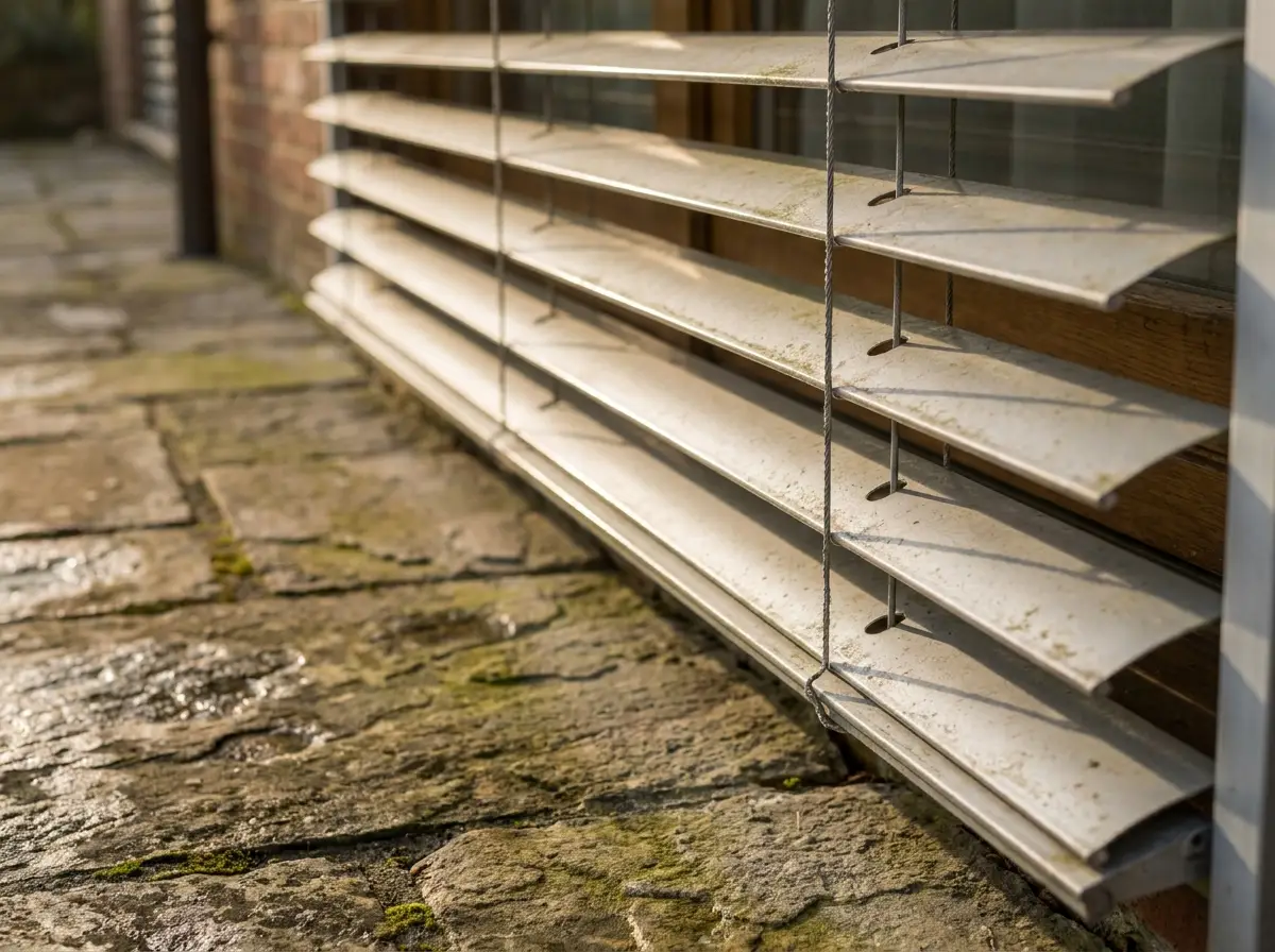 Close-up detail of external venetian blind slats and their side guide cable, mounted outside a bedroom window, filtering soft morning light onto a stone patio