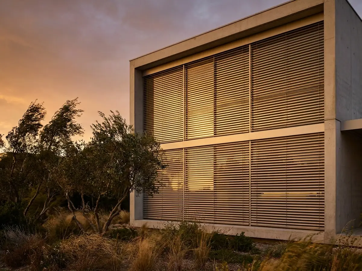 External venetians fully extended down a double-volume River Club glass wall at dusk, slats catching the last warm light