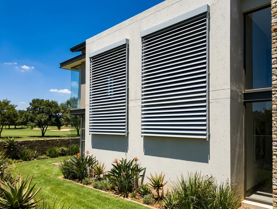 Pale-grey external venetian blinds in slim guide rails over two first-floor River Club windows, hard midday sun on the plastered facade