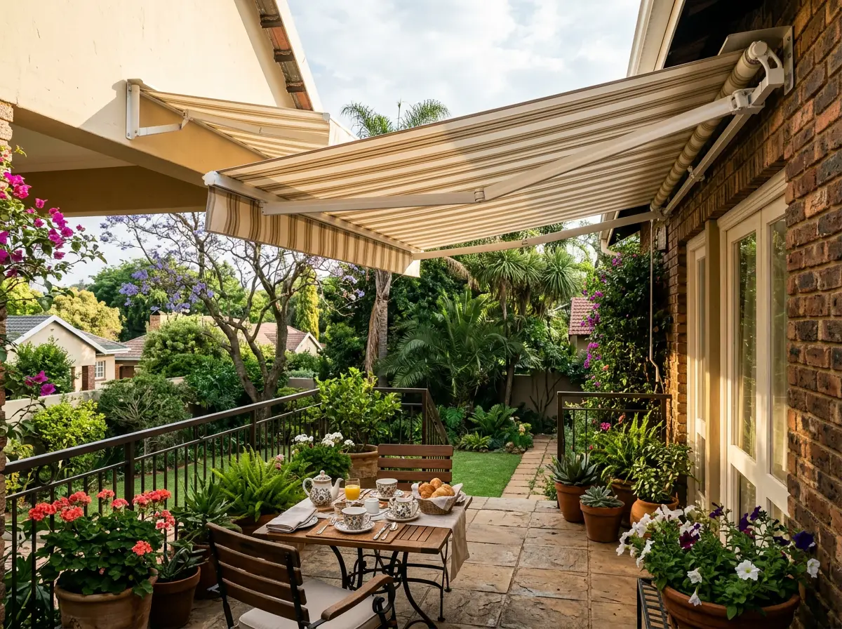 A folding-arm awning half-extended over a breakfast terrace table setting, striped cream fabric catching morning light
