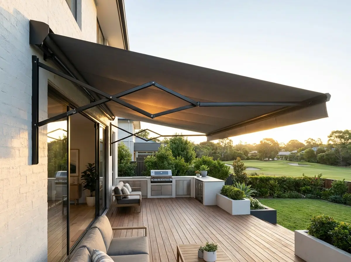 Charcoal folding-arm awning reaching over a modern River Club entertainment deck, the golf course lit low behind it