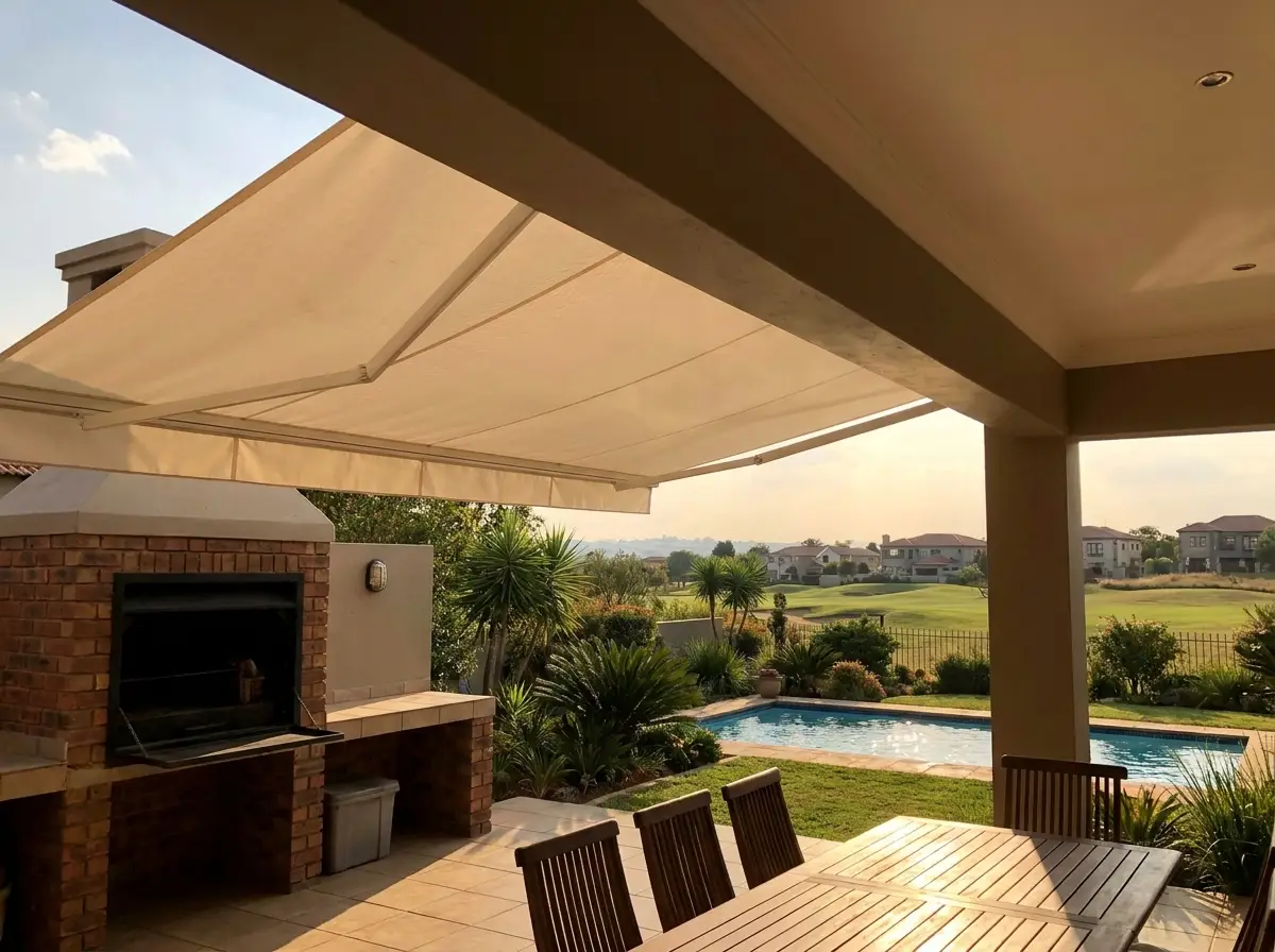 Cream folding-arm awning stretched over a covered River Club braai patio beside the pool, its fabric taut in the afternoon sun