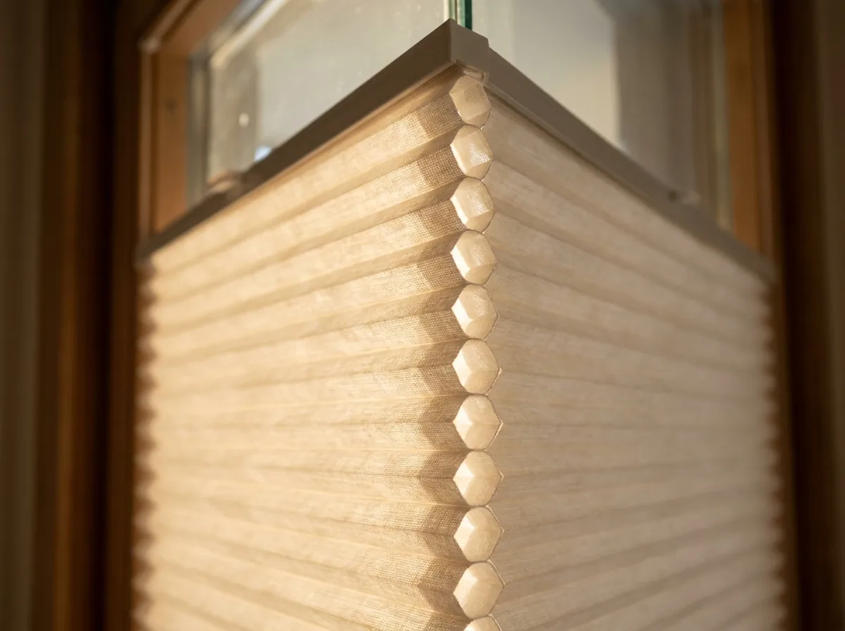 Close-up of cellular honeycomb blind fabric backlit by afternoon sun, showing the rows of hexagonal air cells that trap air against the glass