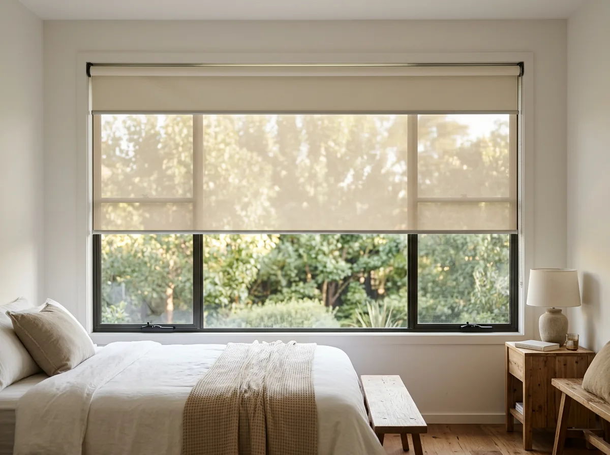 A sunscreen roller blind — one smooth flat sheet of open-weave fabric on a tube, with no folds or pleats — lowered two-thirds of the way across a wide bedroom window with garden trees beyond
