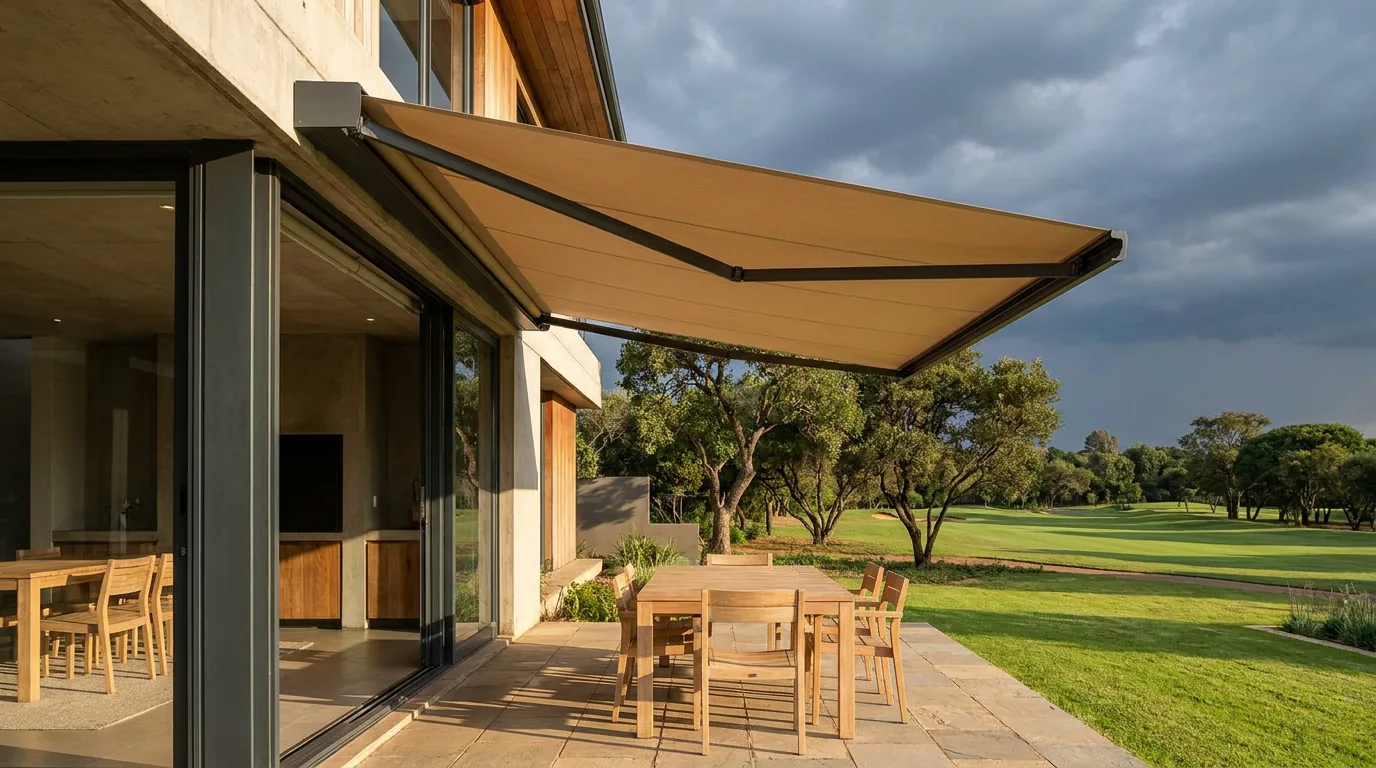 A folding-arm awning extended from a slim aluminium cassette over a patio dining table, shading it from the late sun, with the fairway and building storm clouds beyond
