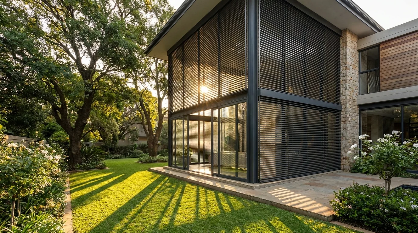 Hyde Park garden pavilion with external venetian blinds screening its double-volume glass, early evening sun banding through the slats