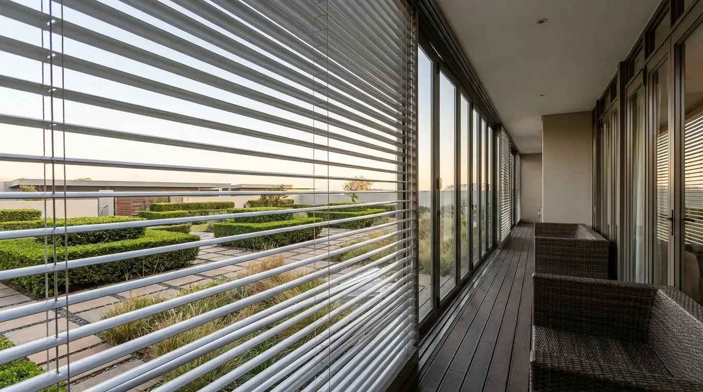 External venetian slats screening the glazed balcony walk of an Illovo cluster home, clipped box hedges in the courtyard below