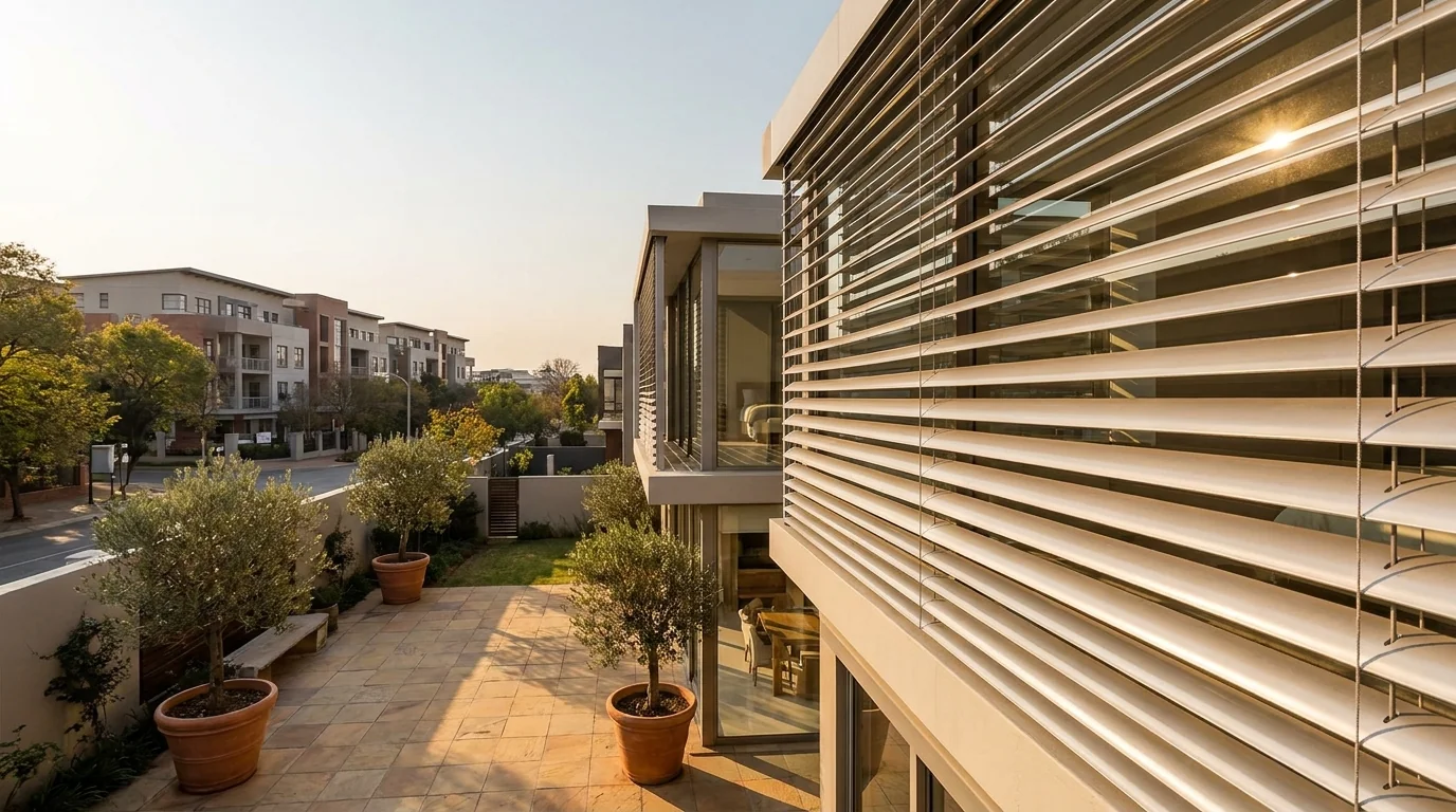 External venetian blinds outside the glass of a west-facing living room, slats tilted against the low afternoon sun with mown grass and mature trees beyond