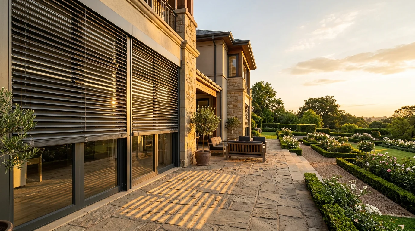 External venetian blinds outside the glass of a west-facing living room, slats tilted against the low afternoon sun with mown grass and mature trees beyond