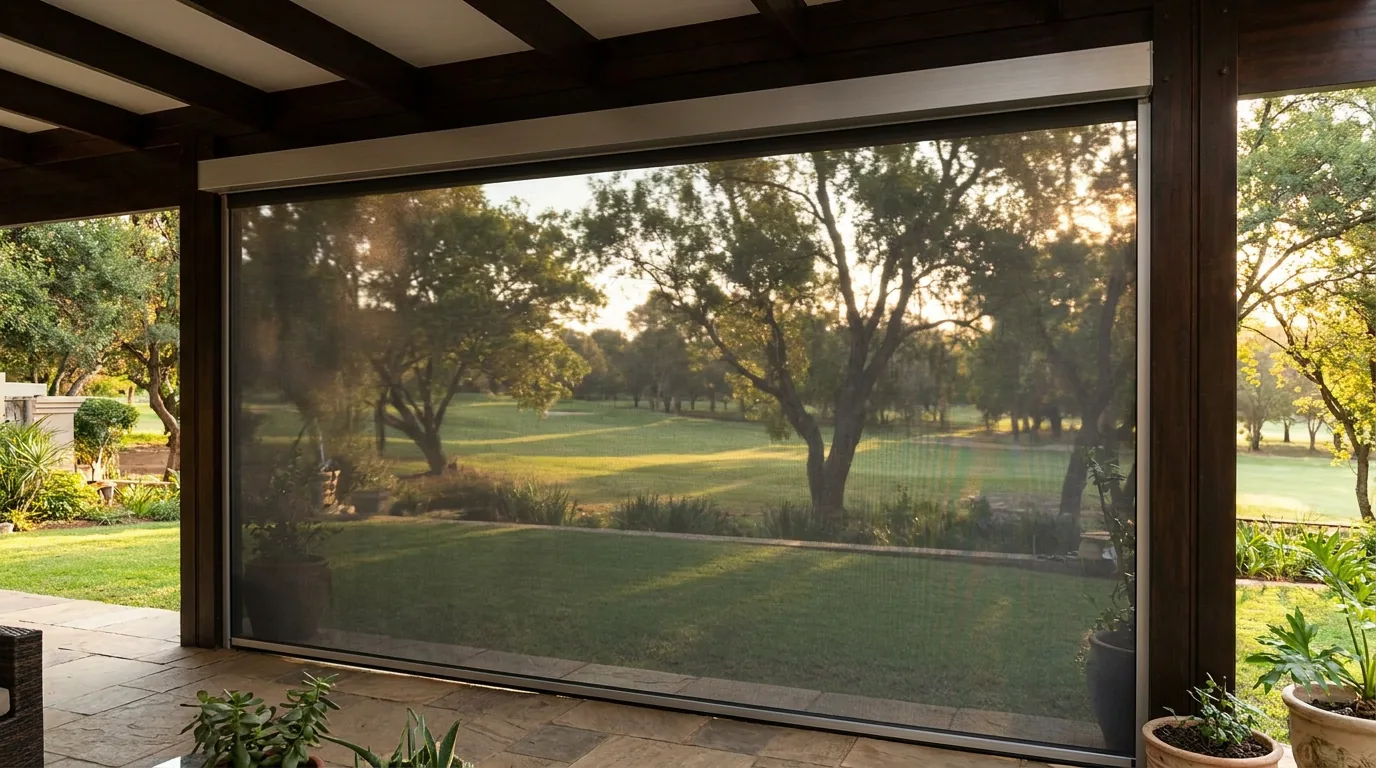 A zip screen rolled down from a headbox and held taut in aluminium side channels across a covered patio, the fairway and its trees still faintly visible through the dark mesh