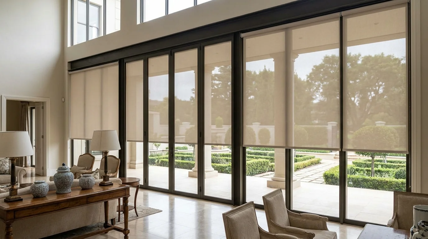 Sunscreen roller blinds lowered across a Sandhurst living room's full-height sliding doors, established garden trees visible through the fabric