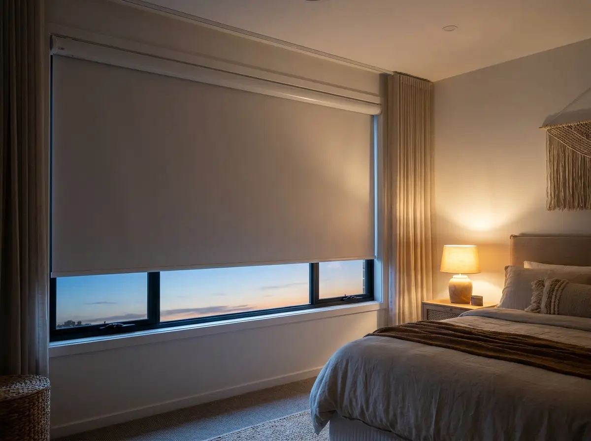 A motorised blockout roller blind lowered over a wide bedroom picture window, headrail motor housing visible