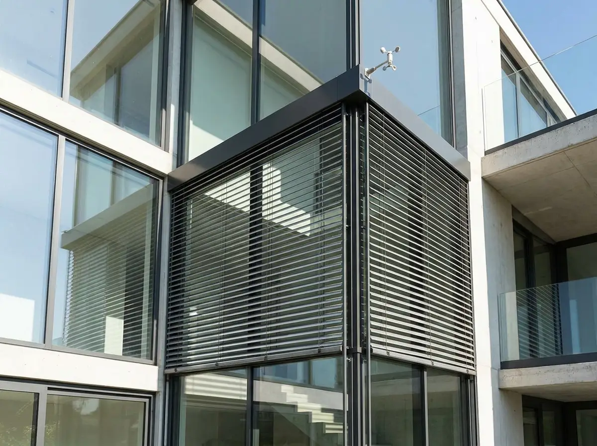 Motorised external venetians mid-tilt around a double-volume glazed stair corner in River Club, a small wind sensor perched above the headbox