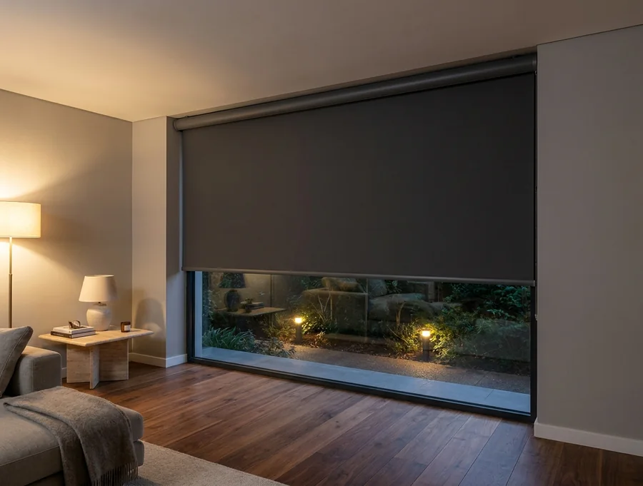 Charcoal motorised roller two-thirds down a River Club living-room window at dusk, garden path lights glowing below its hem