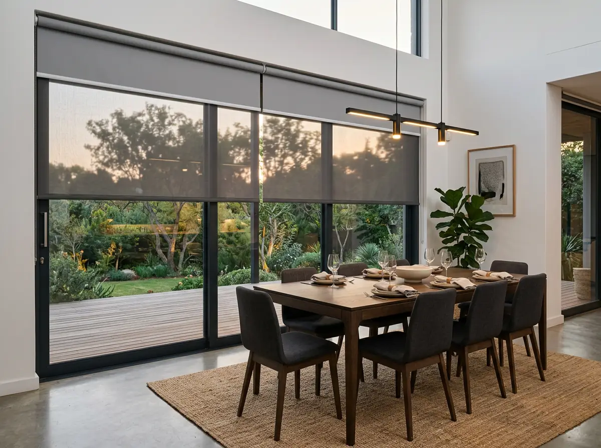 Double roller over a River Club dining room's sliding doors at dusk, the sunscreen layer down and the garden still showing beneath