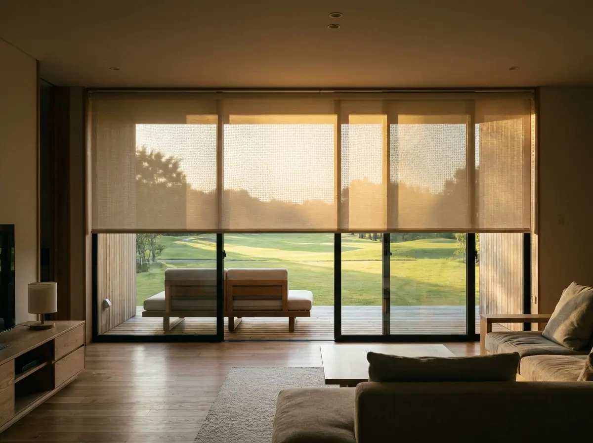 Wide sunscreen rollers lowered halfway across a River Club living room's sliding doors, the fairway lawn faint through the mesh