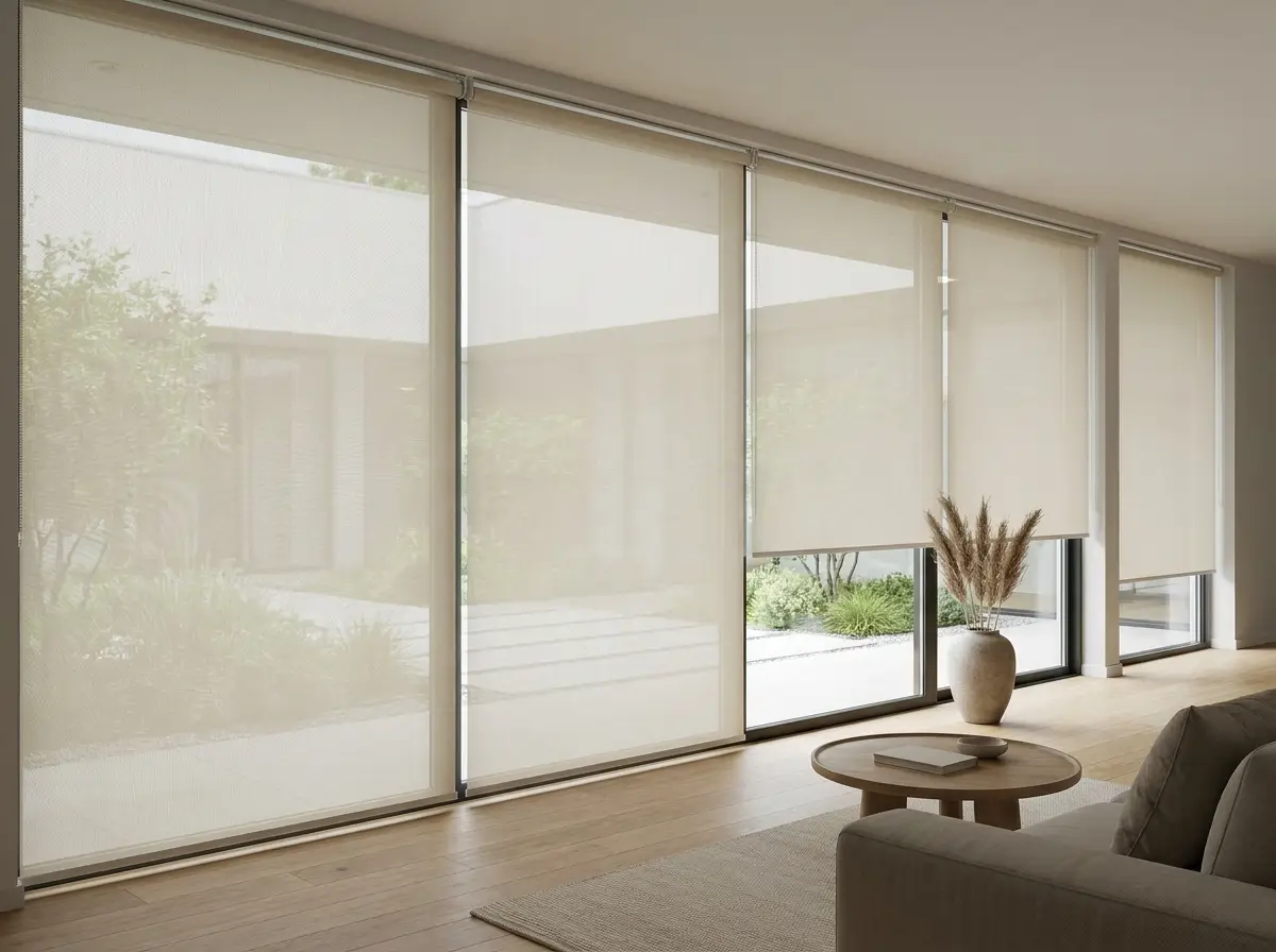 Row of sunscreen roller blinds lowered across the floor-to-ceiling glass of an Illovo apartment living room