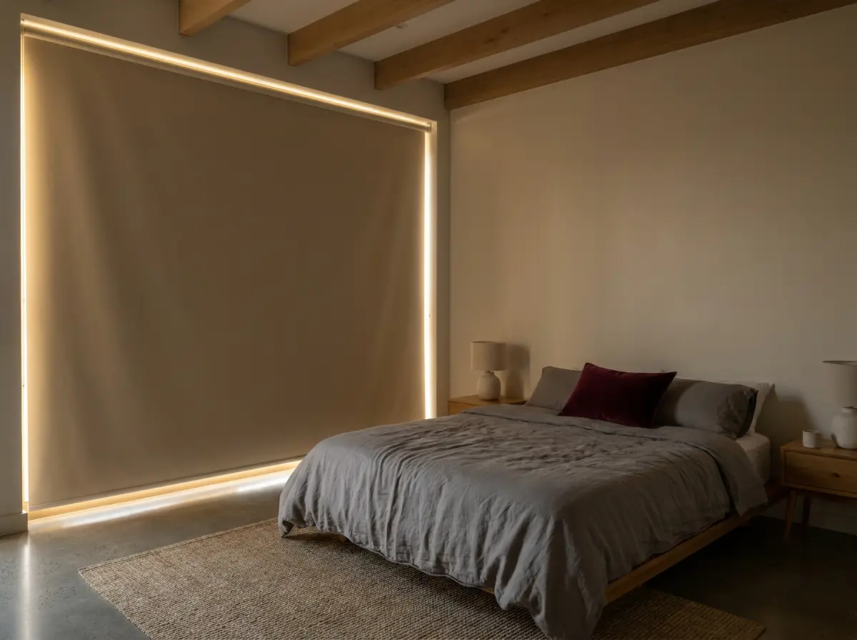 Blockout roller blinds in a River Club bedroom, wine red and pewter palette