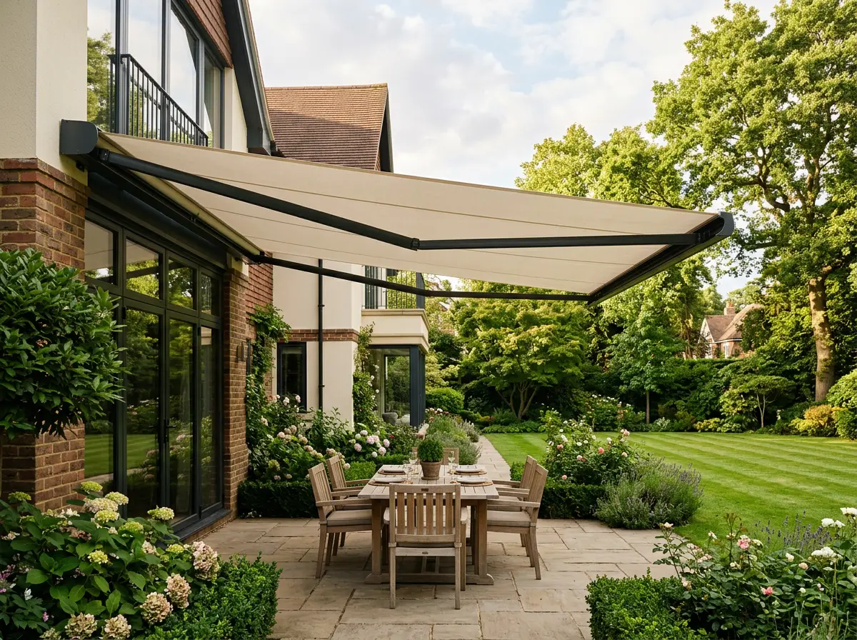 Wide cream folding-arm awning extended over a Hyde Park garden patio, shading the dining table with established trees beyond